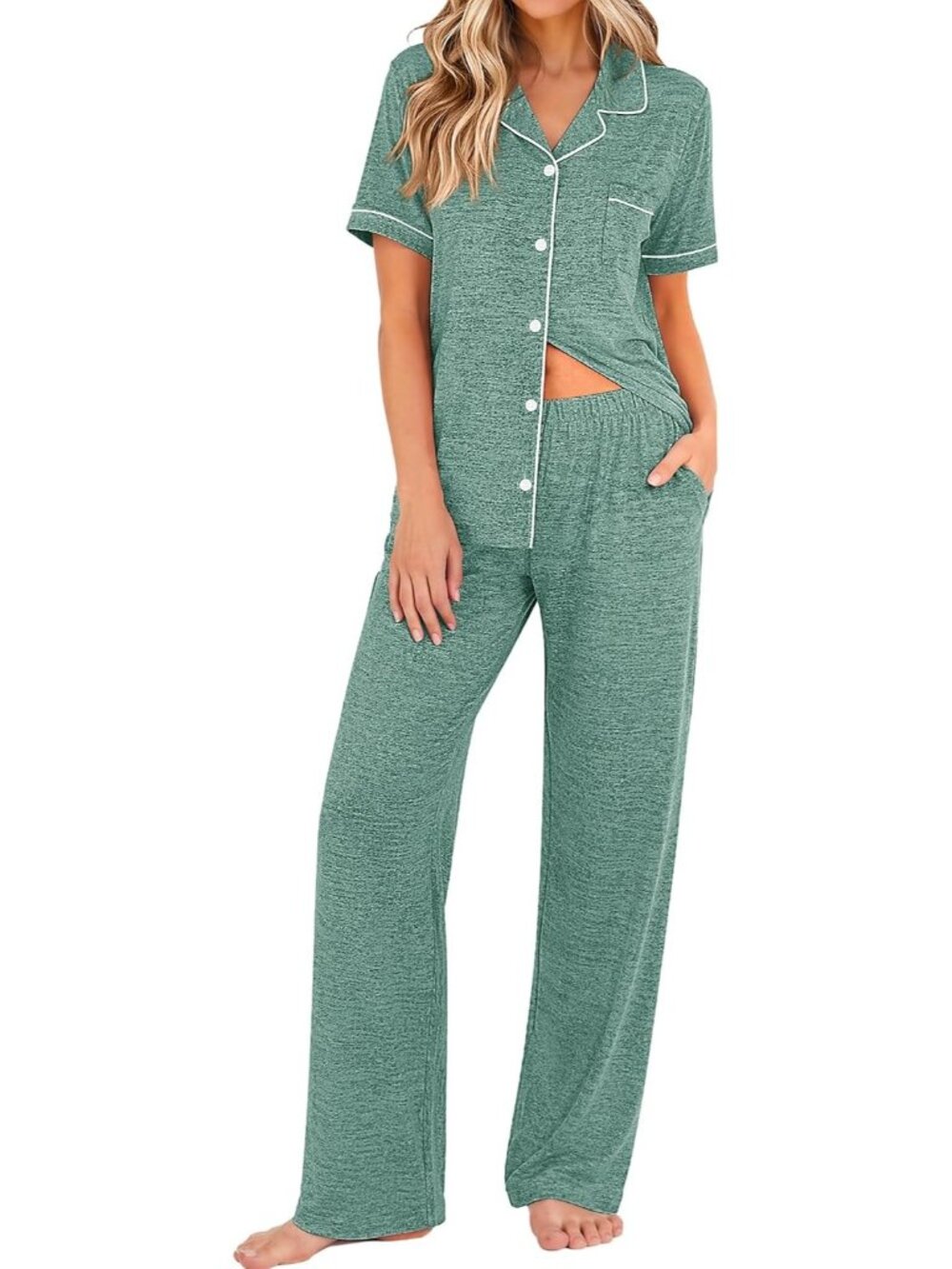 Women's Deep Green Short Sleeve Long Pant Sleepwear 2 Piece Pajama Set